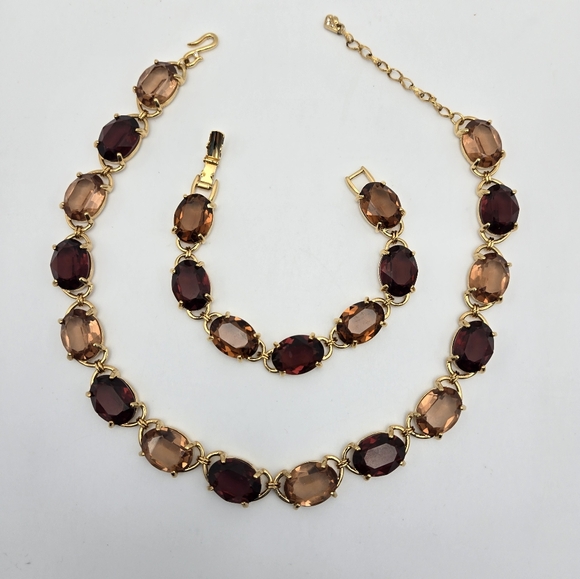 Swarovski Swan Crystal Set Necklace Bracelet Goldtone Glass Bezel Vintage Vtg - Picture 3 of 6